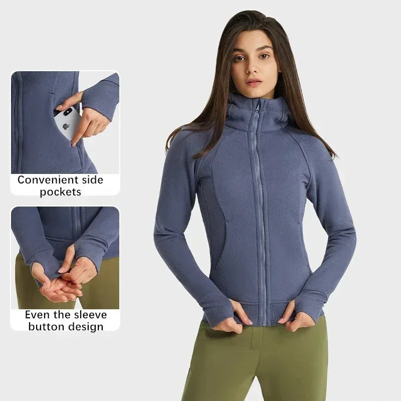 Sports Wear Hoodie Jacket for Women With Thick Zipper - Full Zip Fitness Coat Running Sweater WDQ028 - Allen-Fitness