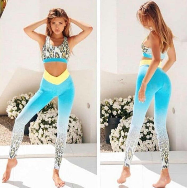 Yoga Set Women Fitness Clothing Sportswear Woman Gym Leggings Leopard Push up Strappy Sports Bra 2 Pcs - Premium Fitness & Activewear for Men & Women|UK