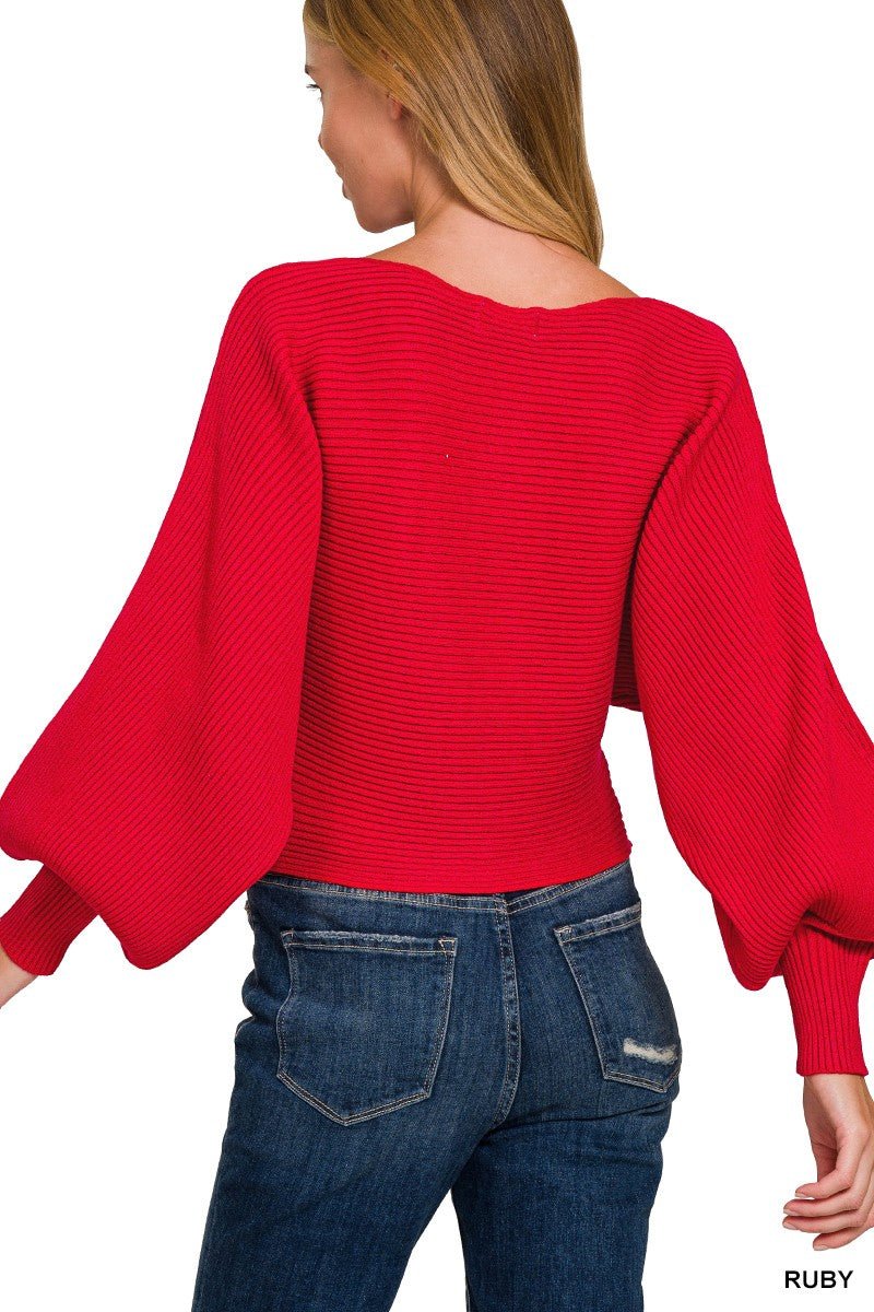Zenana Boat Neck Balloon Sleeve Sweater - Allen-Fitness