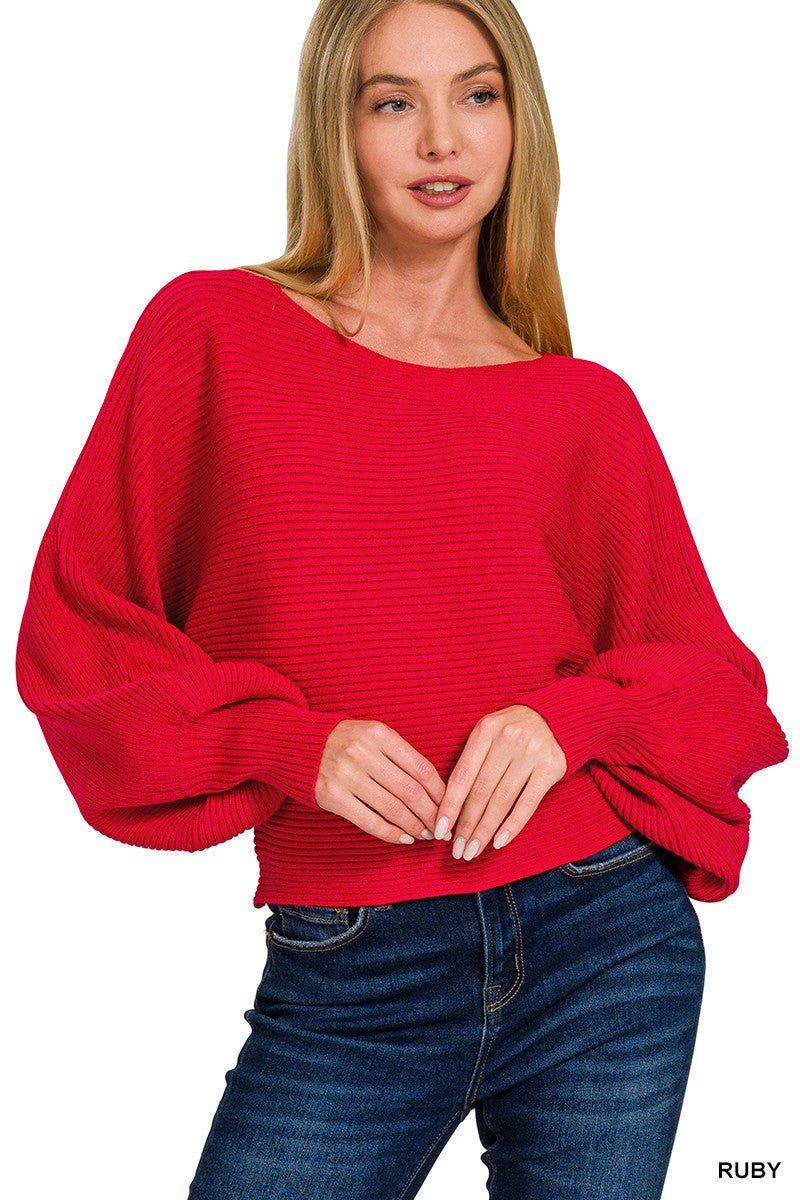 Zenana Boat Neck Balloon Sleeve Sweater - Allen-Fitness