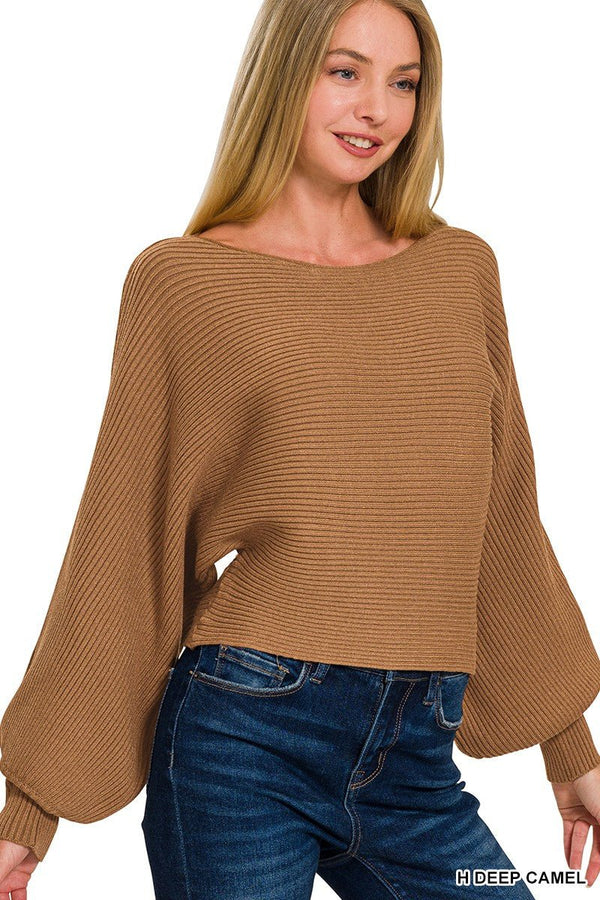 Zenana Boat Neck Balloon Sleeve Sweater