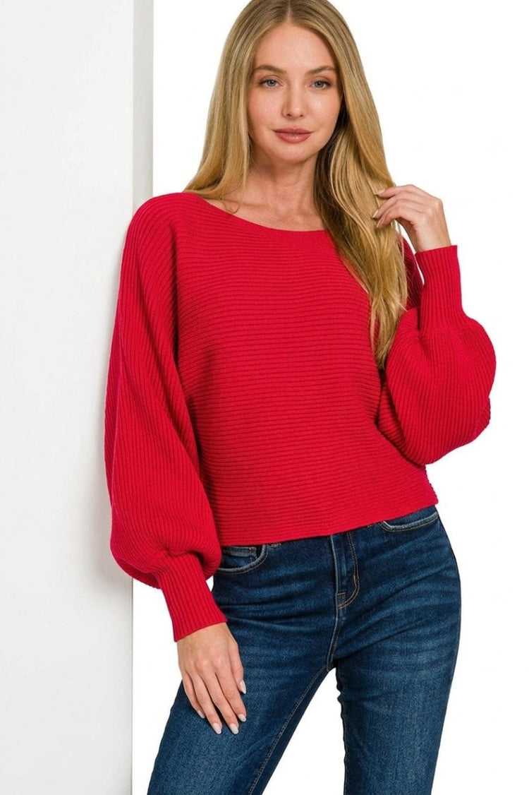 Zenana Boat Neck Balloon Sleeve Sweater - Allen-Fitness