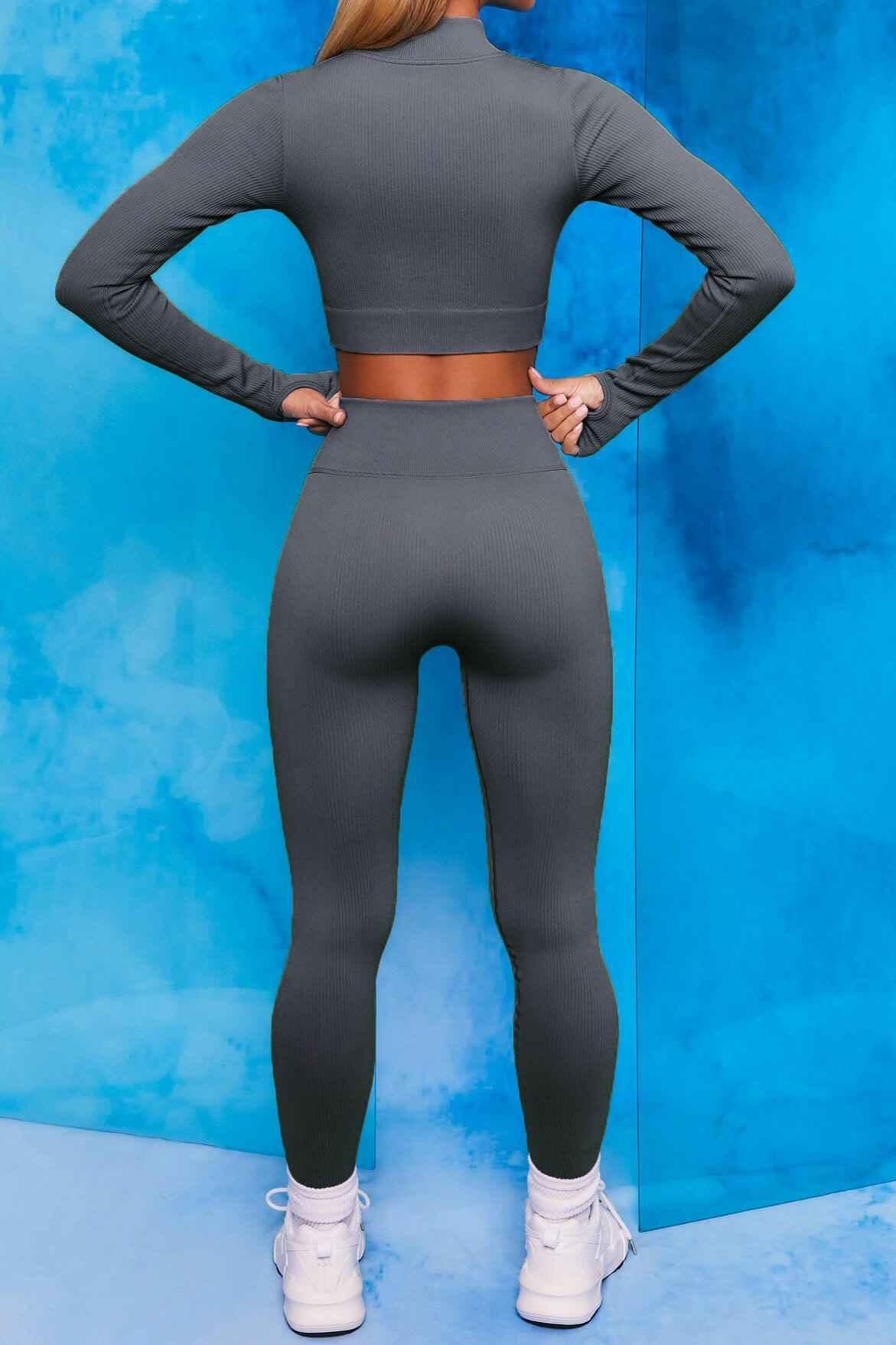 Front Zip Long Sleeve Crop Top Seamless Ribbed Texture Full Length High Waist Workout Fitness Legging workout clothes set - Allen-Fitness