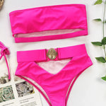 Women clothing summer bikini solid swimwear hollow out high waist woman sexy beach swimwear bikini set swimwear - Allen-Fitness