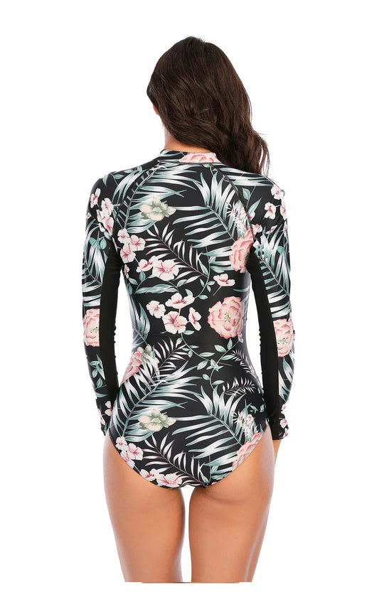 Floral Print Fitness Bathing Suits One Pieces Women Swimsuits Zipper Long Sleeve Diving Surfing Suits Wetsuits Swimwear - Allen-Fitness