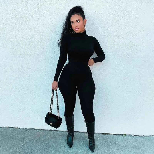 Fall Solid Long Sleeves yoga Rompers Women Ladies jogging wear new style One Piece stretch bodycon Jumpsuit - Allen-Fitness