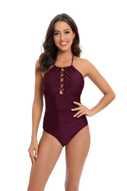 Hot Summer One Piece Swimsuit Sexy Floral Printed Women Halter Lace Up Swimwear Bathing Suit - Allen-Fitness