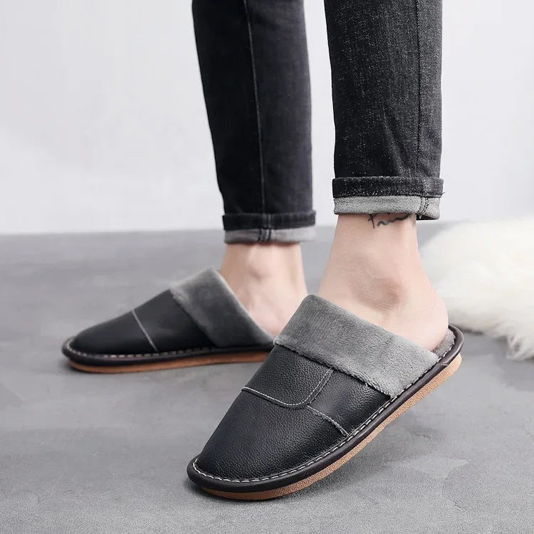 Winter genuine leather mens flip flops with custom logo leather slippers - Allen-Fitness