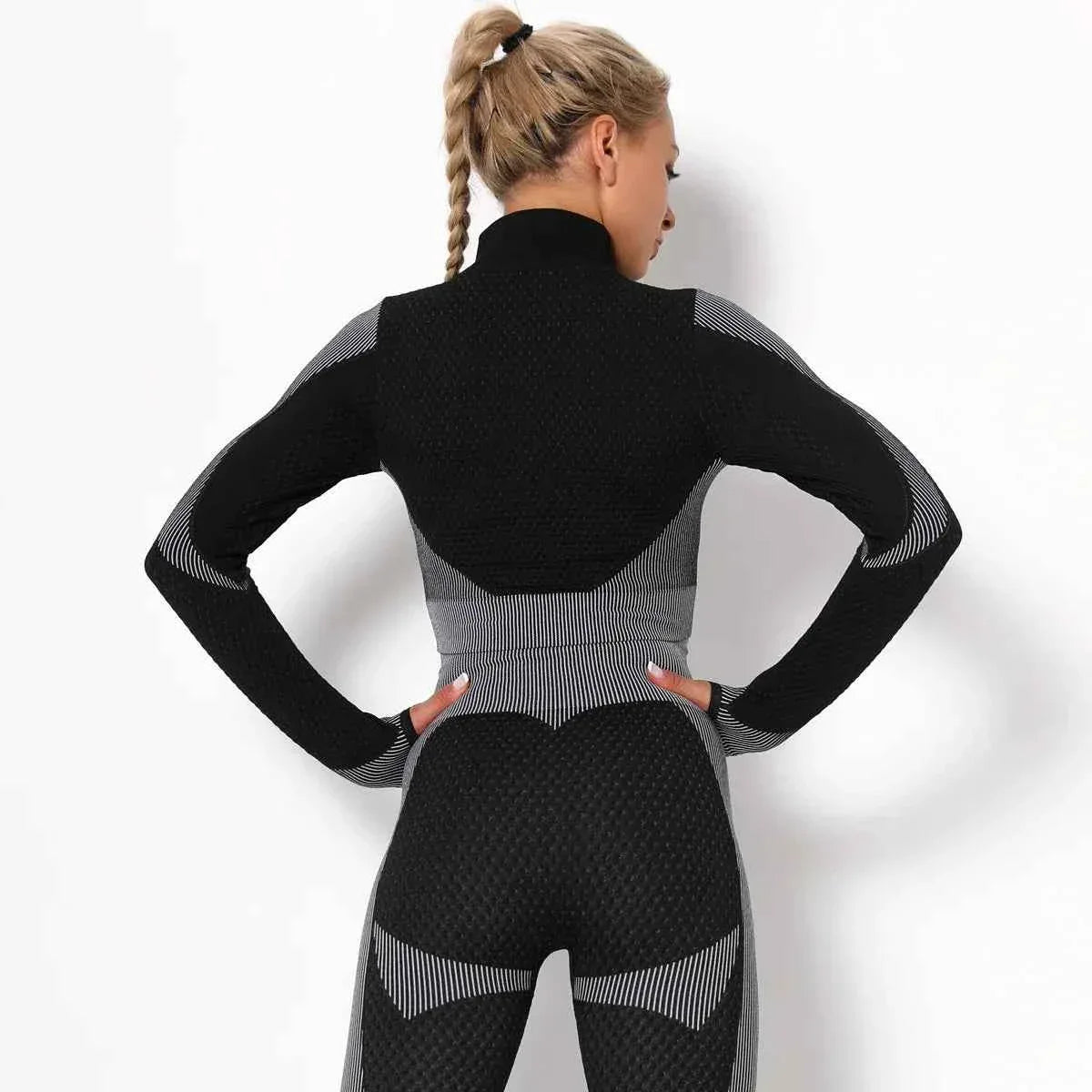Women High Collar Long Sleeve Fitness Jogger Clothes Running Sportswear with Zipper - Allen-Fitness