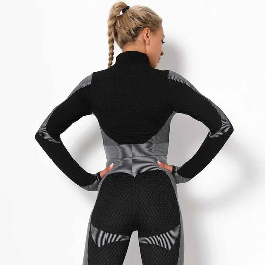 Women High Collar Long Sleeve Fitness Jogger Clothes Running Sportswear with Zipper - Allen-Fitness