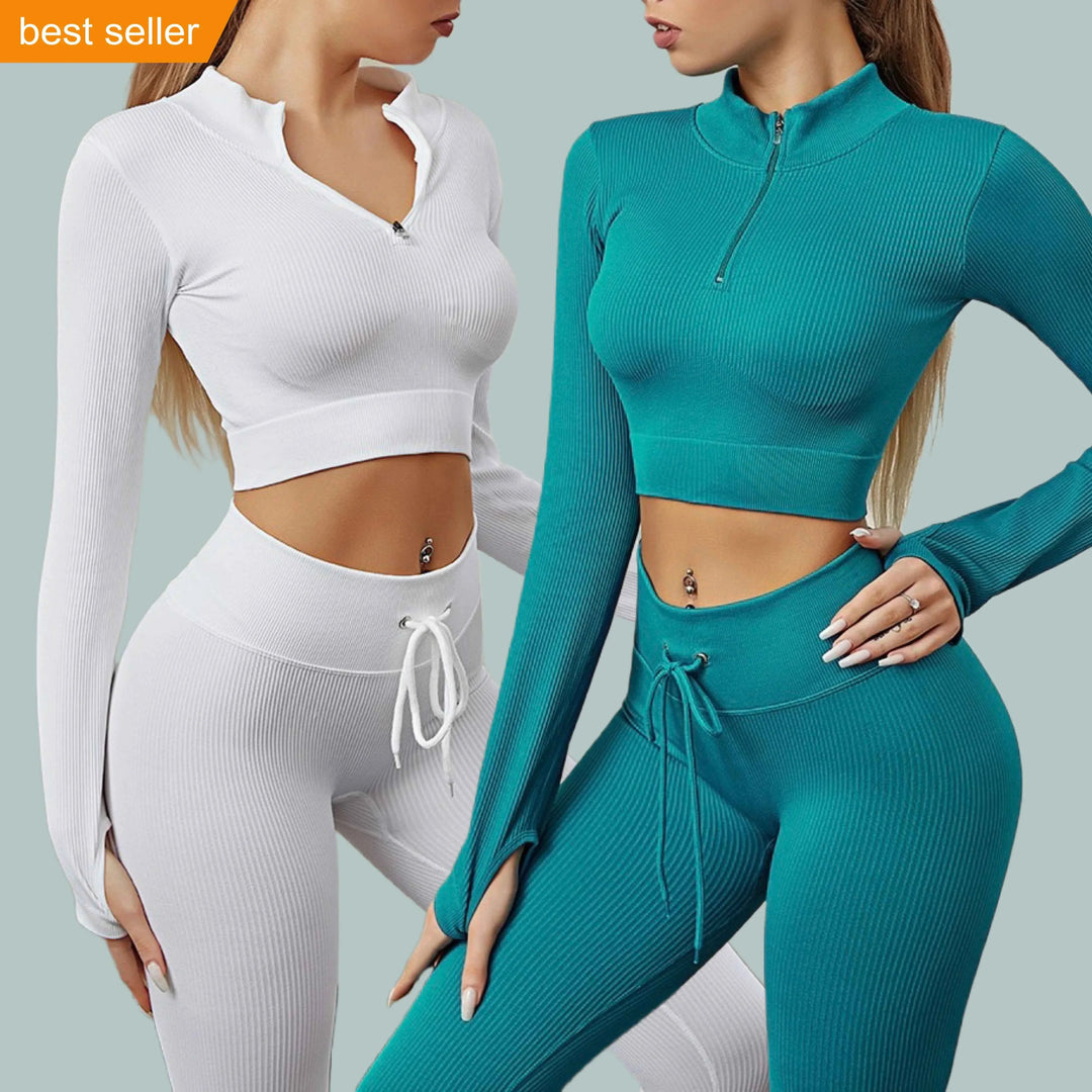 Women Sports Outfit Gym Fitness Long Sleeve Activewear Wear Workout 2 Pcs Set Elasticity Gym Workout Yoga sets For Women - Allen-Fitness