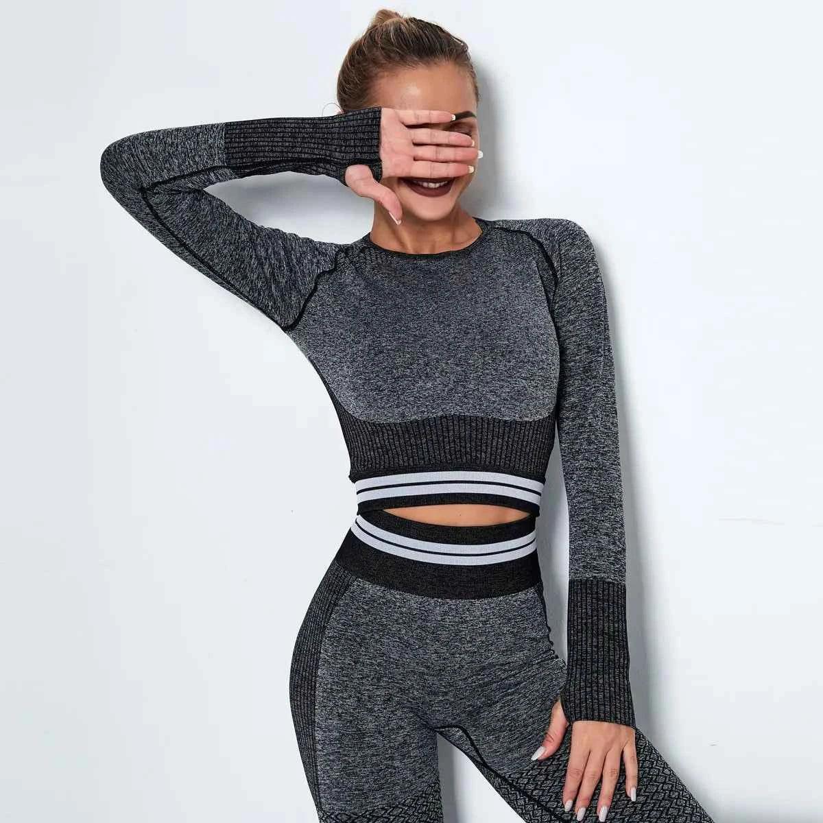 Women's Waist Stripe Seamless Yoga Top for Gym - Long Sleeve Fitness Leggings Shirt - Allen-Fitness