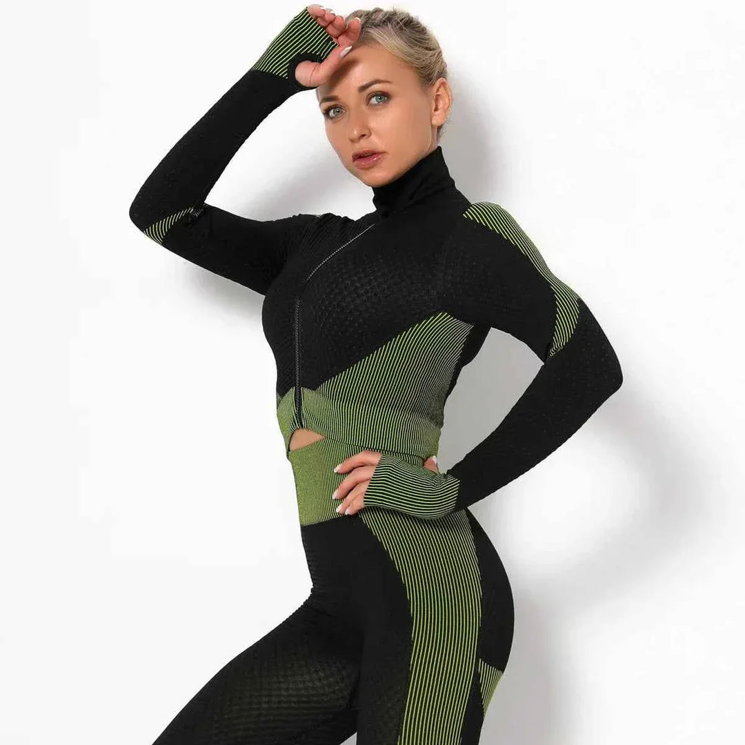 Women High Collar Long Sleeve Fitness Jogger Clothes Running Sportswear with Zipper - Allen-Fitness