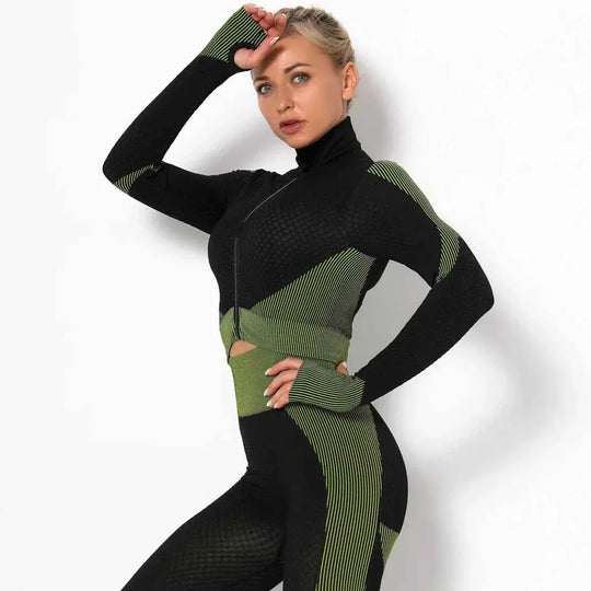 Women High Collar Long Sleeve Fitness Jogger Clothes Running Sportswear with Zipper - Allen-Fitness