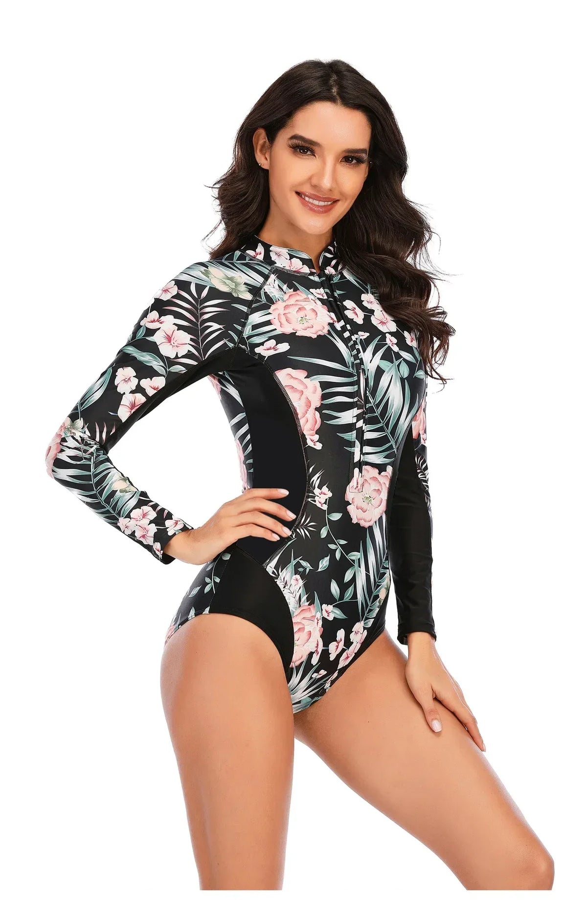 Floral Print Fitness Bathing Suits One Pieces Women Swimsuits Zipper Long Sleeve Diving Surfing Suits Wetsuits Swimwear - Allen-Fitness
