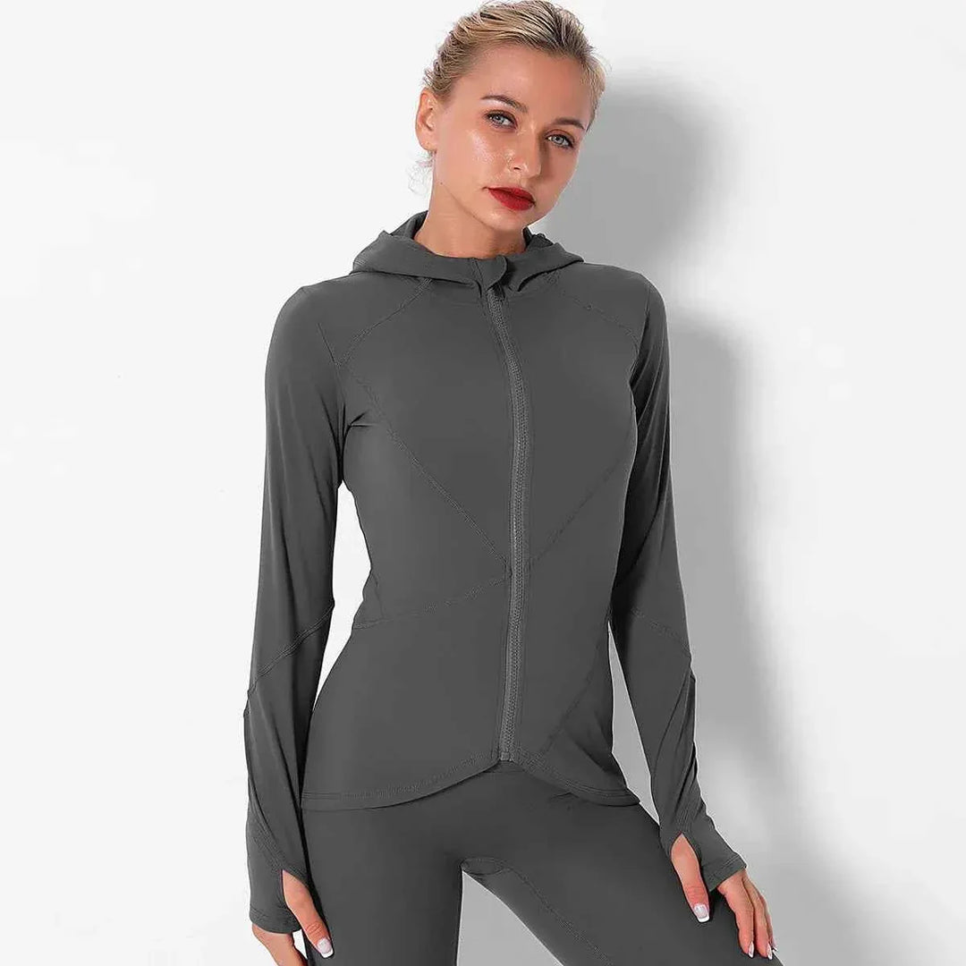 Women Autumn Zipper Design Long Sleeve Gym Fitness Running Jogger Outfit With Hood - Allen-Fitness