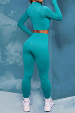 Front Zip Long Sleeve Crop Top Seamless Ribbed Texture Full Length High Waist Workout Fitness Legging workout clothes set - Allen-Fitness