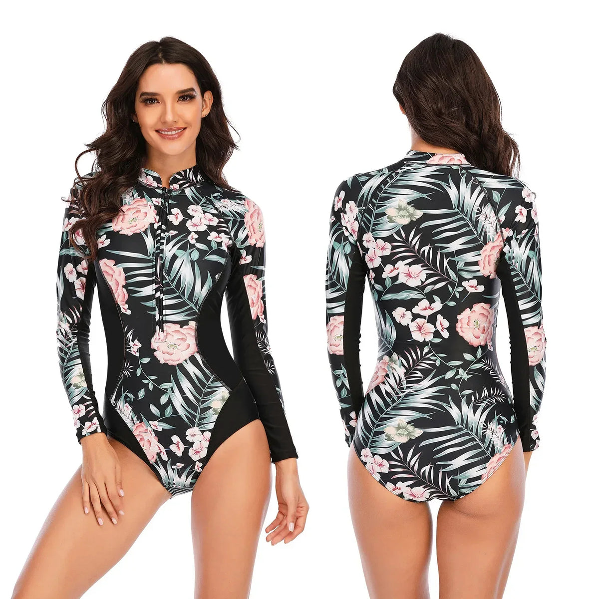 Floral Print Fitness Bathing Suits One Pieces Women Swimsuits Zipper Long Sleeve Diving Surfing Suits Wetsuits Swimwear - Allen-Fitness