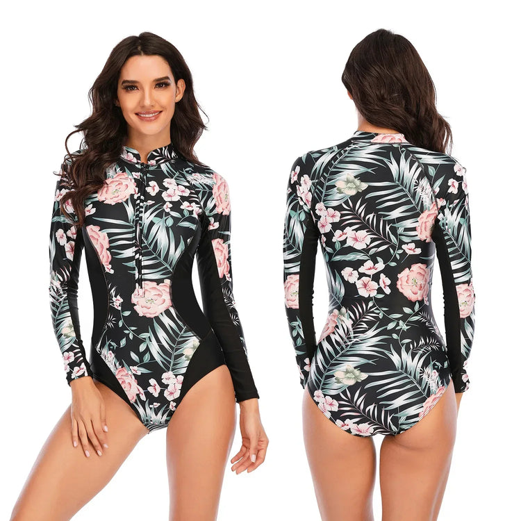 Floral Print Fitness Bathing Suits One Pieces Women Swimsuits Zipper Long Sleeve Diving Surfing Suits Wetsuits Swimwear - Allen-Fitness