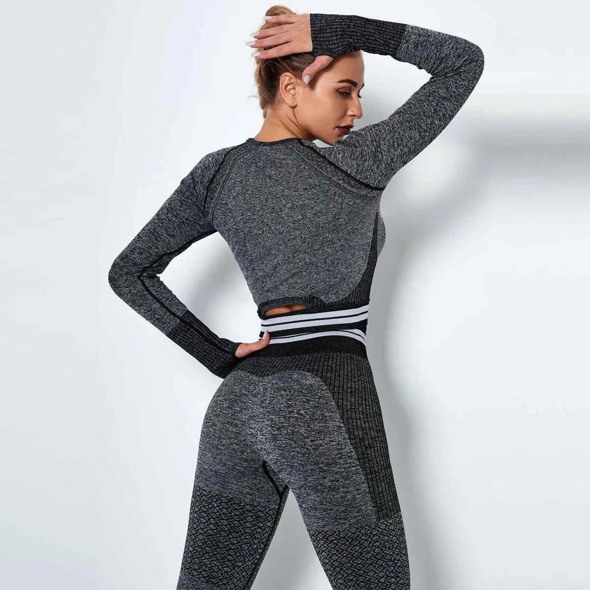 Women's Waist Stripe Seamless Yoga Top for Gym - Long Sleeve Fitness Leggings Shirt - Allen-Fitness